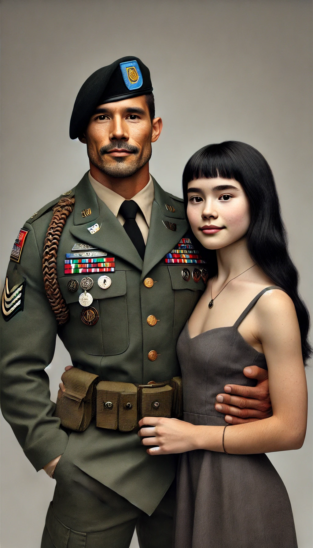 DALL·E 2024-09-21 18.46.44 - A realistic photo of an olive-skinned special forces soldier in a dress uniform wearing a beret, decorated with medals. He stands proudly with his arm